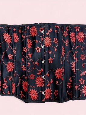 Black Corset with Red Floral Embroidery